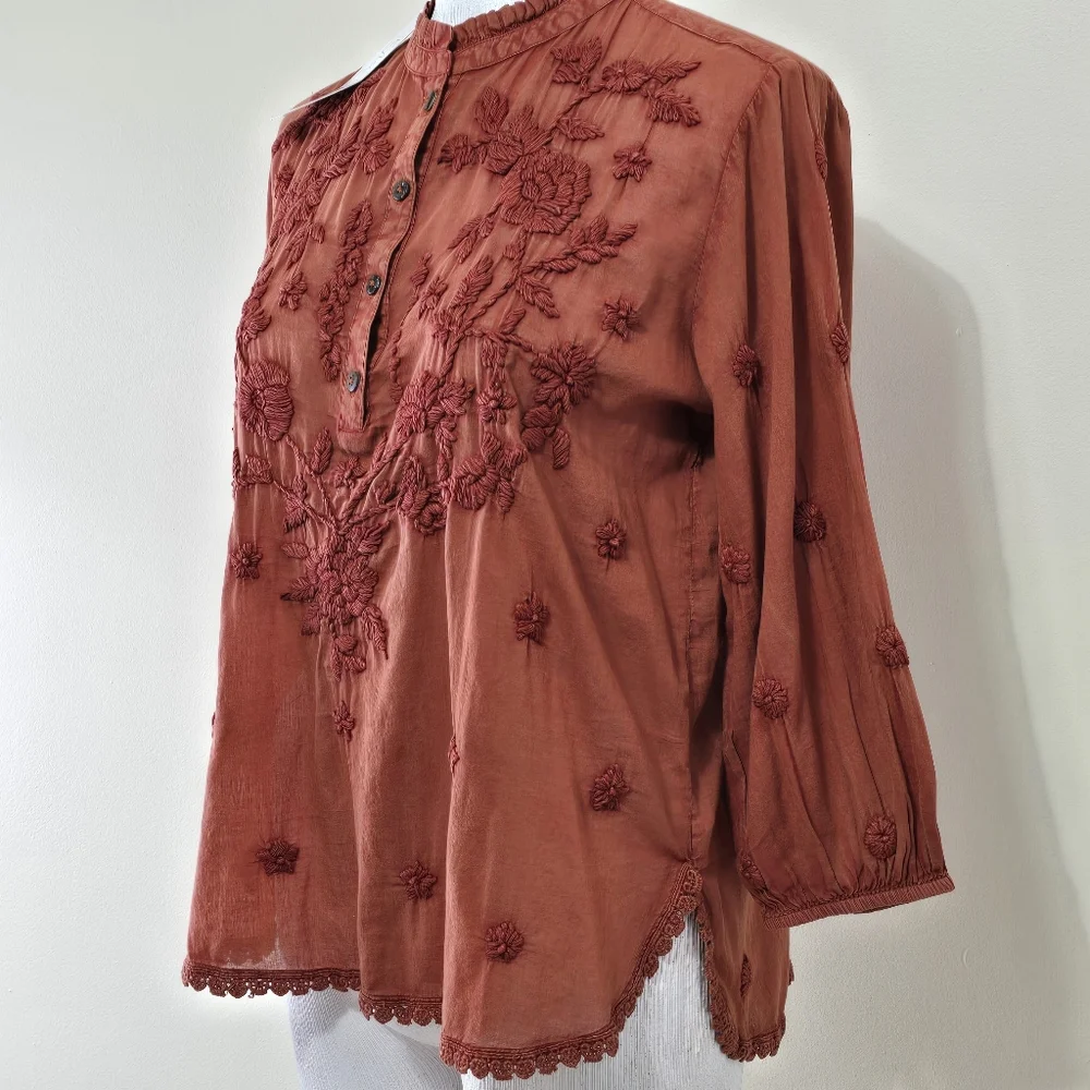 NWT Kyla Seo Caite Sz S Paloma Embroidered Cotton Blouse Top Terracota Boho - Picture 2 of 16